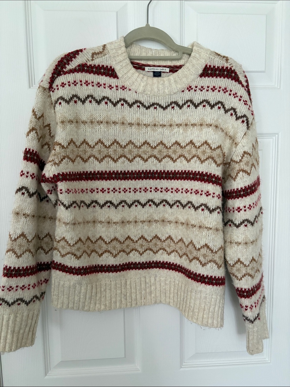 American Eagle Outfitters Cream Fair Isle Crewneck with Red and Tan Stripes